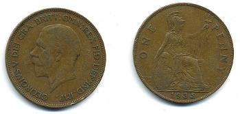 Великобритания 1 пенни 1935 Георг V (1910-1936) КМ 838, Spink 4055 бронза 4110-244