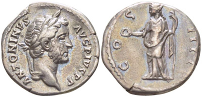 Римская Империя денарий 145 - 161 Антонин Пий, ANTONINVS AVG PIVS PP, бюст императора / COS IIII, Конкордия, персонификация Согласия, Рим, 3,44 гр RIC 129 серебро 1073-18-72