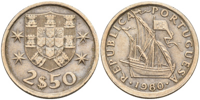 Португалия 2,5 эскудо 1980 парусник KM 590 медно-никель  UNC  4160-1225