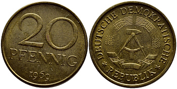 ГДР 20 пфеннигов 1969 А, первый год KM 11 латунь UNC 4398-1131