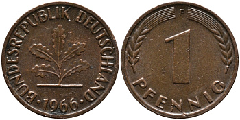 ФРГ 1 пфенниг 1966 F KM 105, J.380 сталь плакированная медью 96-1061