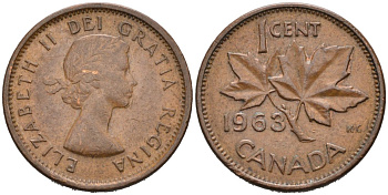 Канада 1 цент 1963 Елизавета II (1952-2022), кленовый лист КМ 49 бронза 4564-1255