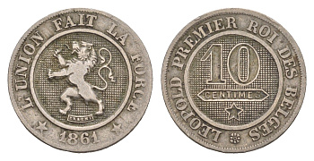 Бельгия 10 сантимов 1861 Леопольд I (1831-1865) KM 22 медно-никель 4658-762