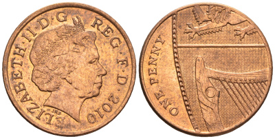 Великобритания 1 пенни 2010 Елизавета II (1952-2022) KM 1107, Spink B6 сталь плакированная медью 4609-718