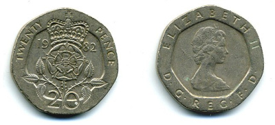 Великобритания 20 пенсов 1982 Елизавета II (1952-2022) KM 931, Spink 4230 (G1) медно-никель 4110-955