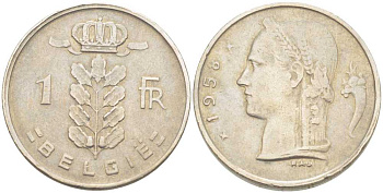 Бельгия 1 франк 1958 Belgie, Бодуэн I (1951-1993) KM 143.1 медно-никель 213-327