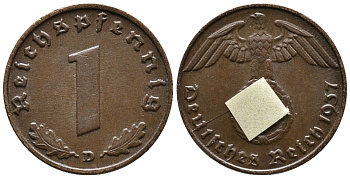 ГЕРМАНИЯ 1 РЕЙХСПФЕННИГ 1937 D KM 89, J. 361 бронза 39-1125