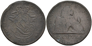 Бельгия 2 сантима 1873 Des Belges, Леопольд II (1865-1909) KM 35.1 медь 4563-735