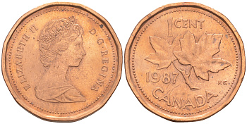 Канада 1 цент 1987 Елизавета II (1952-2022), кленовый лист KM 132 бронза 188-766