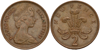 Великобритания 2 пенса 1980 Елизавета II (1952-2022) KM 916, Spink 4235 (C1) бронза 202-723