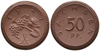 Саксония 50 пфеннигов 1921 виноград и лопата J. N 54 фарфор UNC 1094-8-34