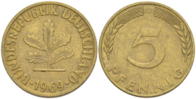 ФРГ 5 ПФЕННИГОВ 1969 D KM 107, J. 382 сталь плакированная латунью 4181-924