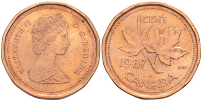Канада 1 цент 1987 Елизавета II (1952-2022), кленовый лист KM 132 бронза 188-766