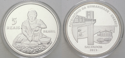 Бразилия 5 реалов 2015 ЮНЕСКО - Сальвадор, тираж 3.000 экземпляров, в оригинальной коробке, с сертификатом KM 720 серебро  PROOF  8-1-05-15