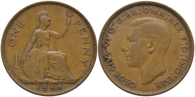 Великобритания 1 пенни 1944 Георг VI (1936-1952) КМ 845, Spink 4114 бронза 115-421