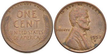 США 1 ЦЕНТ 1957 D, ЛИНКОЛЬН KM А132 медь цинк 218-1042