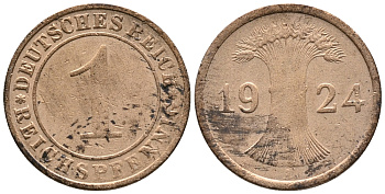 ГЕРМАНИЯ 1 РЕЙХСПФЕННИГ 1924 A KM 37, J. 313 бронза 39-845