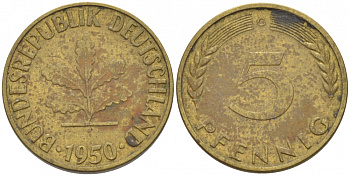 ФРГ 5 ПФЕННИГОВ 1950 G KM 107, J.382 сталь плакированная латунью 112-936