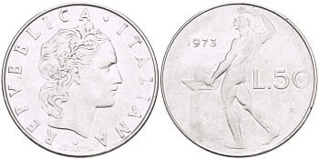 ИТАЛИЯ 50 ЛИР 1973 R, КУЗНЕЦ, ВУЛКАН БОГ ОГНЯ, ДИАМЕТР 25 ММ. KM 95.1 нержавеющая сталь 113-721