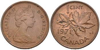 Канада 1 цент 1971 Елизавета II (1952-2022), кленовый лист KM 59.1 бронза 4564-851