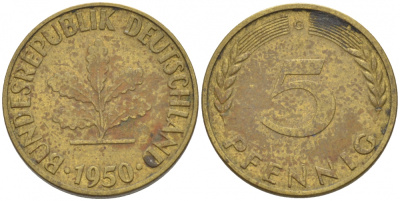 ФРГ 5 ПФЕННИГОВ 1950 G KM 107, J.382 сталь плакированная латунью 112-936