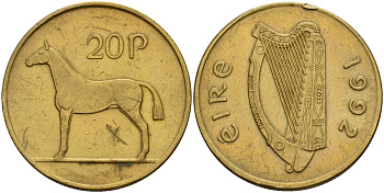Ирландия 20 пенсов 1992 лошадь KM 25 никель бронза 4140-336