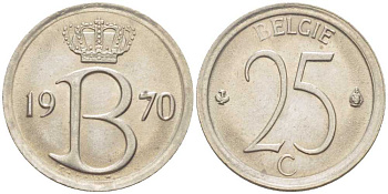 Бельгия 25 сантимов 1970 Belgie, Бодуэн I (1951-1993) KM 154.1 медно-никель 214-149