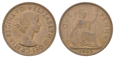 Великобритания 1 пенни 1963 Елизавета II (1952-2022) KM 897, Spink 4157 бронза 4526-246