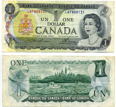Канада 1 доллар 1973 Елизавета II (1952- ), здание парламента на реке Оттава, Lawson-Bouey, серии 2 буквы Pick 85 a (1)  бумага 445-78-2-1