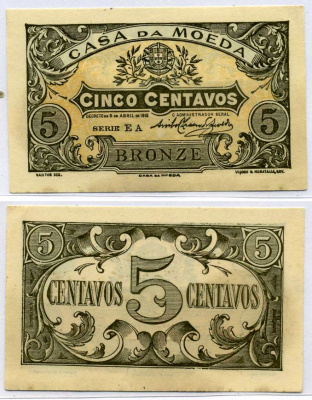 Португалия 5 сентаво бронзовых 1918 Casa da Moeda, коричневая Pick 99 бумага aUNC 7220-38-1-2