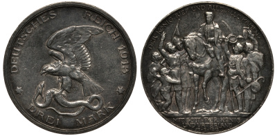 Пруссия 3 марки 1913 Вильгельм II (1888-1918), 100 лет победы над Наполеоном KM 534, J. 110 серебро 3711-1315