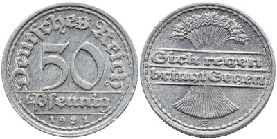Германия 50 пфеннигов 1921 GF KM 27, J 301 алюминий 4364-2724