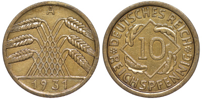 Германия 10 рейхспфеннигов 1931 A KM 40, J. 317 алюминиевая бронза 4604-715