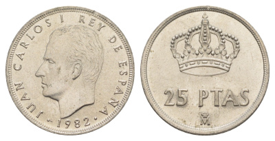 Испания 25 песет 1982 M, Хуан Карлос I (1975-2014) KM 824 медно-никель UNC 4616-933