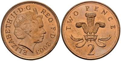 Великобритания 2 пенса 2003 Елизавета II (1952-2022) KM 987, Spink 4690 (C5) сталь плакированная медью 4545-141