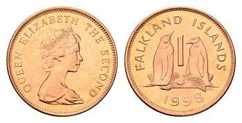 Фолклендские острова (Фолкленды) 1 пенни 1998 Елизавета II (1952-2022), папуанский пингвин KM 2a сталь плакированная медью UNC 3458-1214