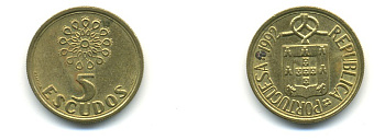 ПОРТУГАЛИЯ 5 ЭСКУДО 1992 KM 632 никель-бронза 176-325