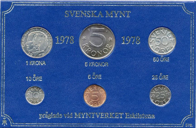 Швеция набор монетного двора из 6 монет 1978 в картоне, Карл XVI Густав (1973- ) KM MS8 UNC 7-5-7-230