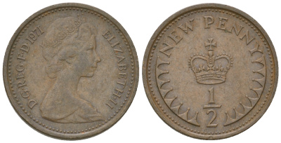 Великобритания 1/2 пенни 1971 Елизавета II (1952-2022) KM 914, Spink 4239 бронза 4668-1165