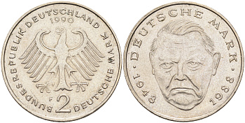 ФРГ 2 марки 1990 F, Людвиг Эрхард KM 170 никель плакированный медно-никелем 4126-1255