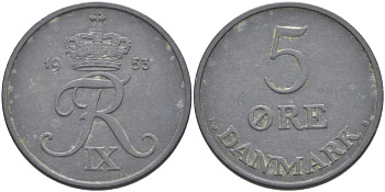 Дания 5 эре 1953 N; S, Фредерик IX KM 843.1 цинк 110-1052