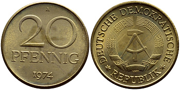 ГДР 20 пфеннигов 1974 А KM 11 латунь UNC 54-2611