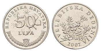 Хорватия 50 кун 2007 цветы Дегения велебитская, легенда на хорватском KM 8 сталь плакированная никелем UNC 3459-927