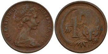 Австралия 1 цент 1974 Елизавета II (1953-), молодой портрет, опоссум KM 62 бронза 4602-218