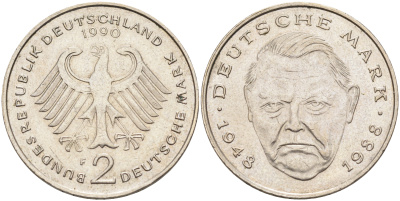 ФРГ 2 марки 1990 F, Людвиг Эрхард KM 170 никель плакированный медно-никелем 4126-1255