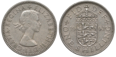 Великобритания 1 шиллинг 1963 Елизавета II (1952-2022), Английский герб KM 904, Spink 4147 медно-никель 4122-1044