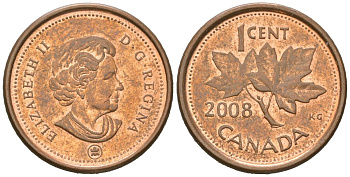 Канада 1 цент 2008 Leaf, Елизавета II (1952-2022), кленовый лист KM 490a сталь плакированный медью aUNC 4385-652