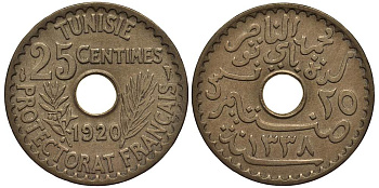 Тунис 25 сантимов 1920 АН1338, Мухаммад V ан-Насир, французский протекторат KM 244 никель бронза 4182-1151