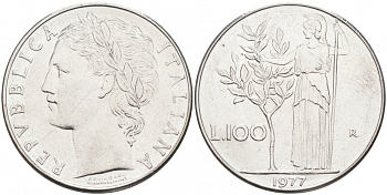 ИТАЛИЯ 100 ЛИР 1977 R , АФИНА KM 96.1 нержавеющая сталь 3855-822