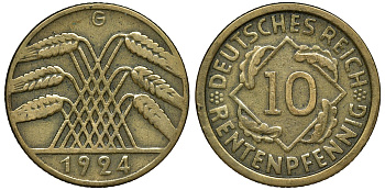 ГЕРМАНИЯ 10 РЕНТЕНПФЕННИГОВ 1924 G KM 33, J. 309, Weege 8 алюминиевая бронза 72-1533